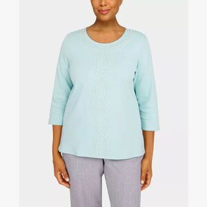 Alfred Dunner Womens Knit Top 1X Aqua‎ Blue Pearl Twist 3/4 Sleeve Easter Office